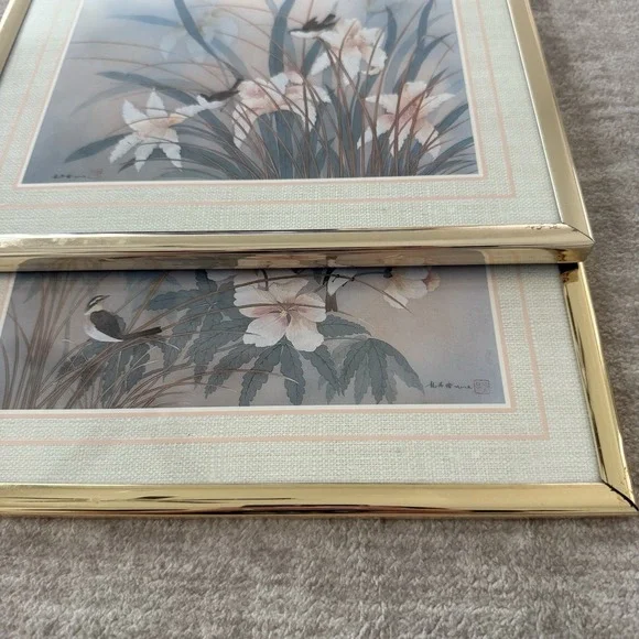 Vintage Chinese Watercolor Painting Framed Set of 3 Birds Flowers Signed - Picture 12 of 14